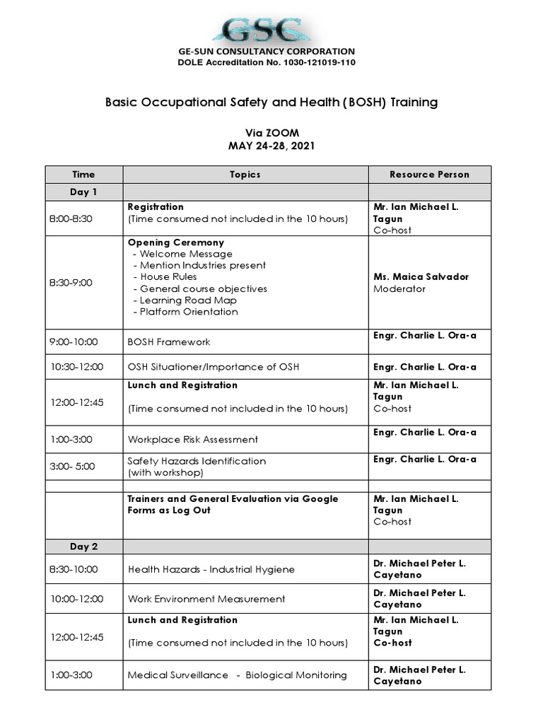 BOSH Training Schedule and Details | PDF | Occupational Hygiene | Workplace