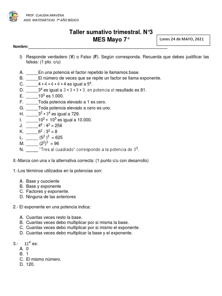 Taller de Matemáticas 7° Básico | PDF | Exponenciación | Enseñanza de ...