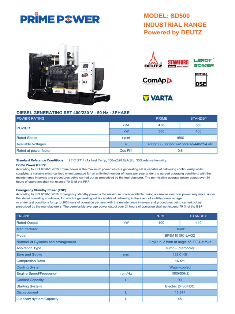 Deutz SD500 Diesel Generator Specs | PDF | Electric Generator | Mains ...