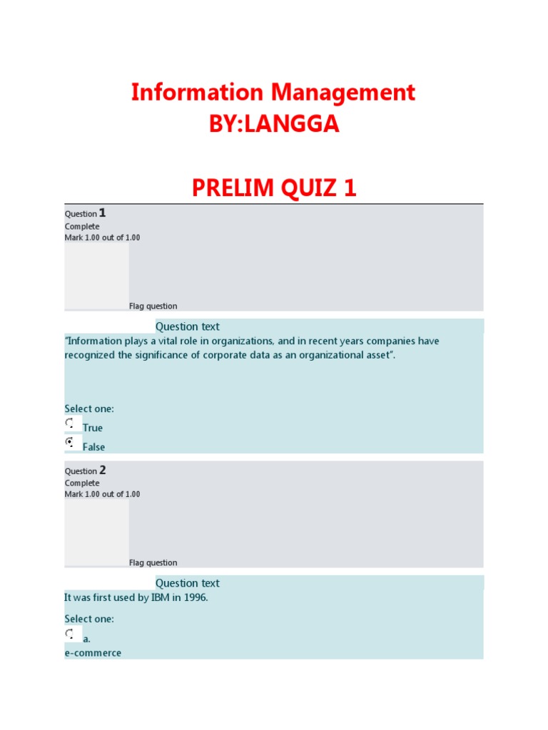 Questions Prelim Exam 2 - Question 1 Correct Mark 1 out of 1. Flag
