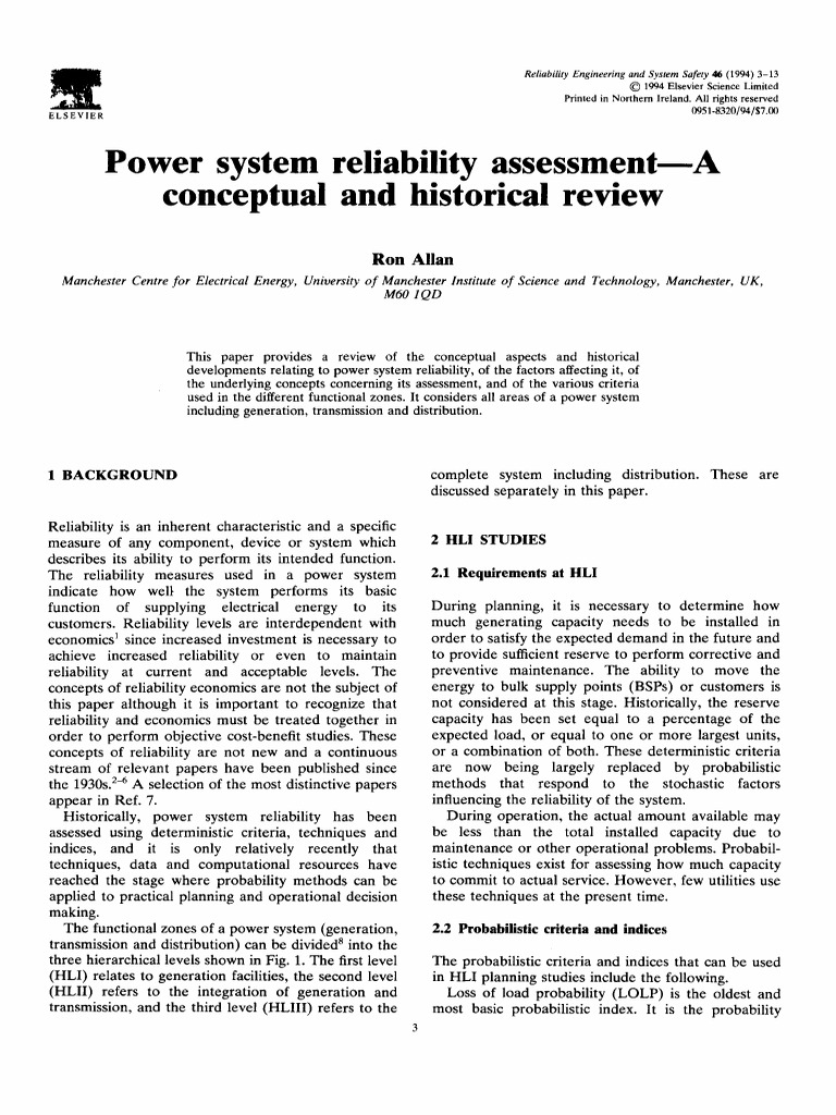 Power System Reliability Assessment A Conceptual and Historical