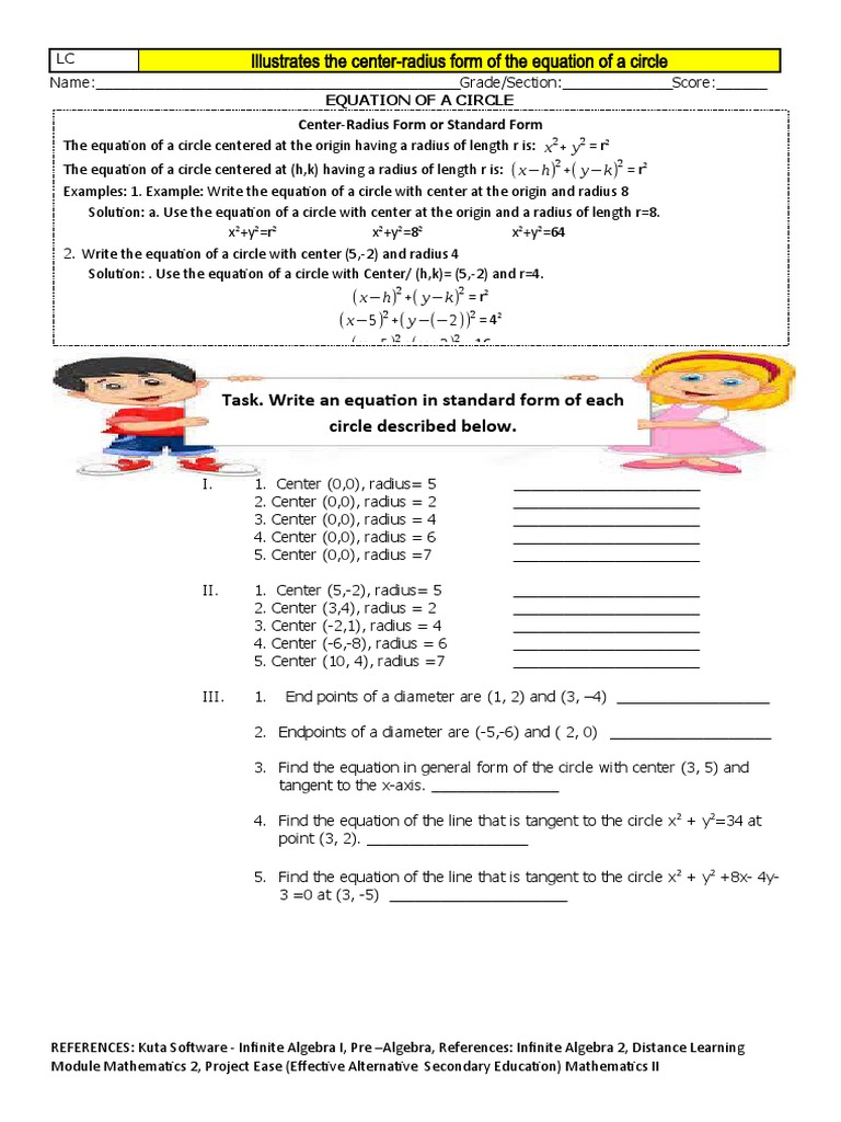 Illustrates The Center-Radius Form of The Equation of A Circle | PDF |  Tangent | Equations