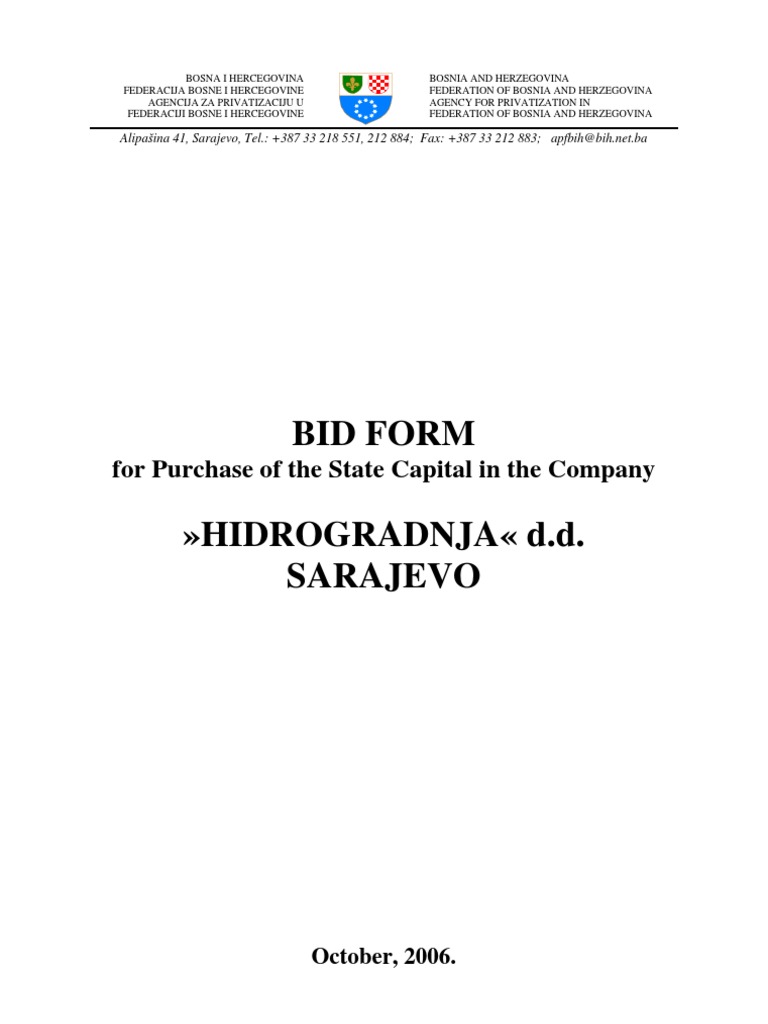 Bid Form For Purchase of The State Capital in The Company PDF Due