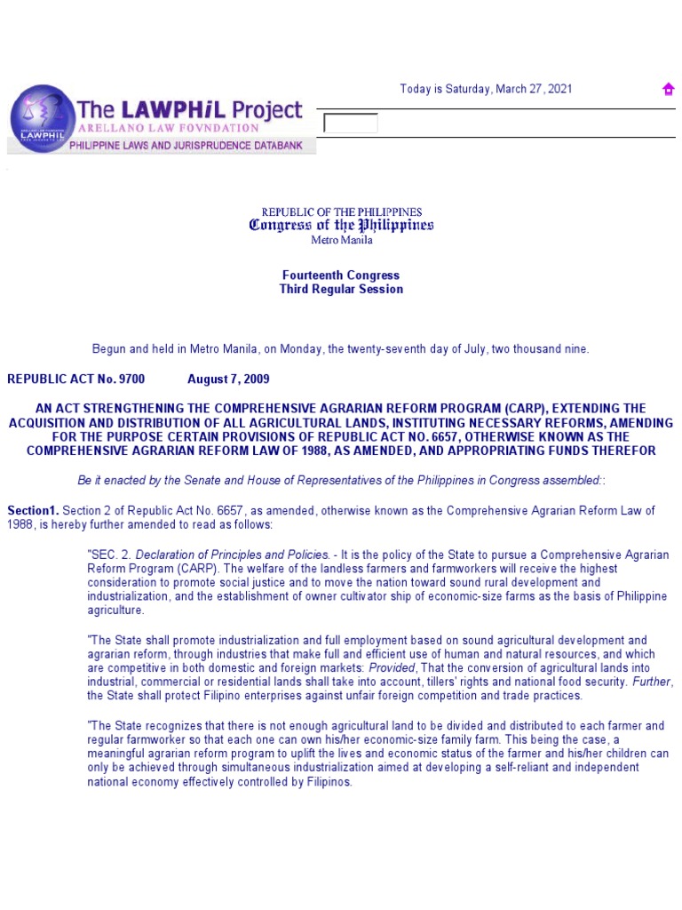 Amendments to RA 6657: Agrarian Reform | PDF | Justice | Crime & Violence