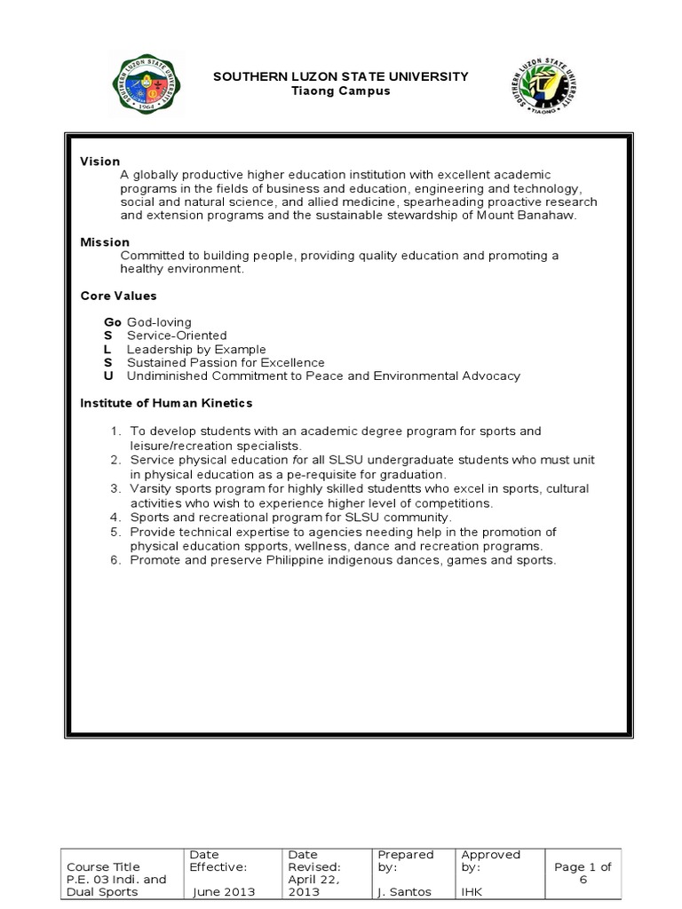 SLSU Individual and Dual Sports Syllabus | PDF | Physical Education ...