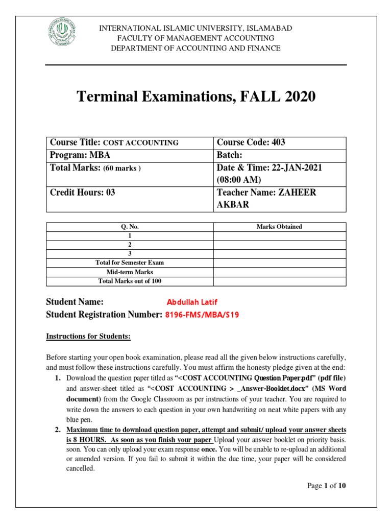 Terminal Examinations, FALL 2020 PDF Test (Assessment) Test