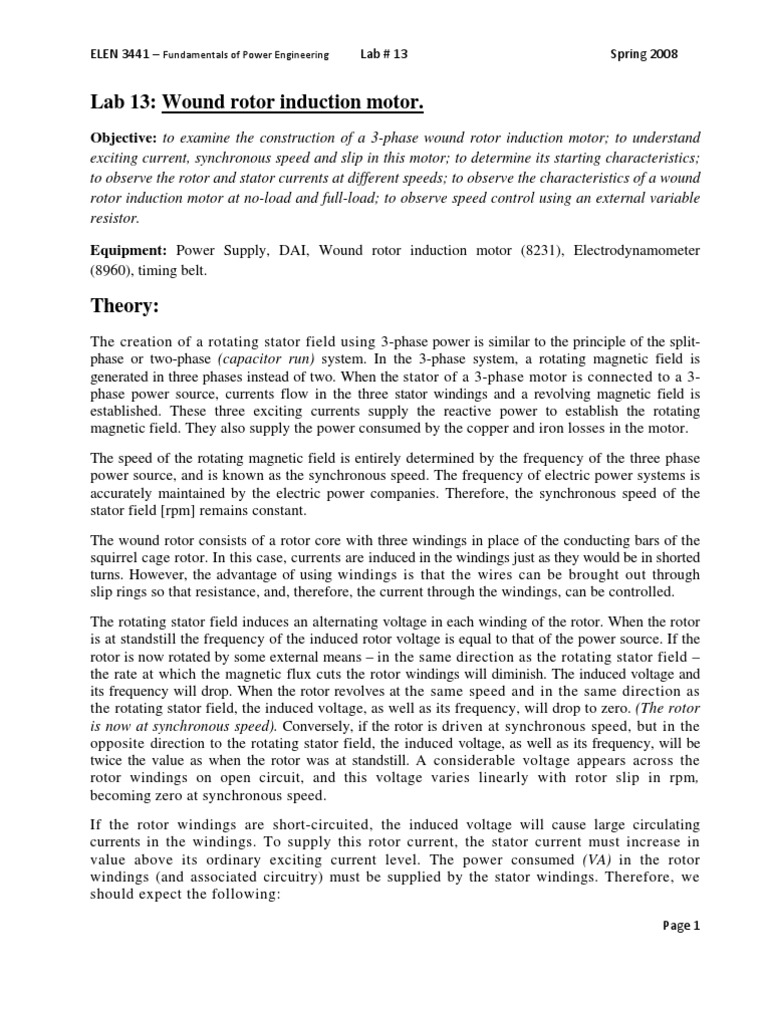 Lab 13 - Wound Rotor Induction Motor | PDF | Electric Motor ...