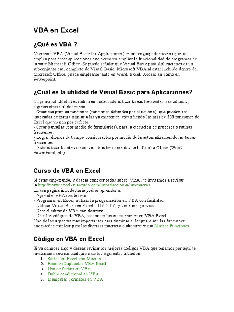 Guía completa sobre Visual Basic para Aplicaciones (VBA) en Excel | PDF ...