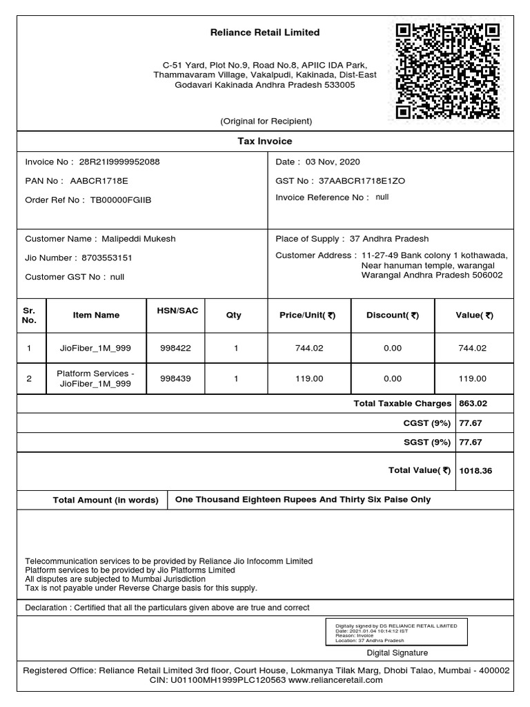 Reliance Retail Tax Invoice & Receipt | PDF | Receipt | Taxation