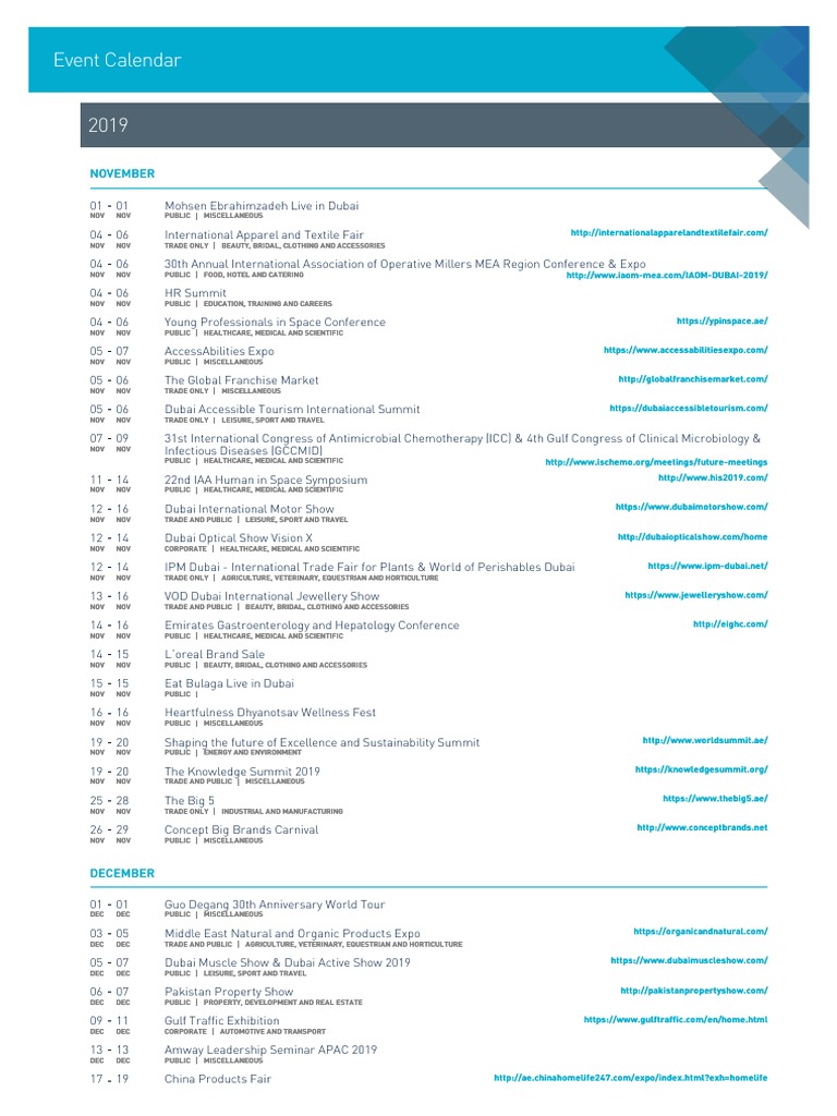 2019 DWTC Event Calendar English PDF Dubai Transport
