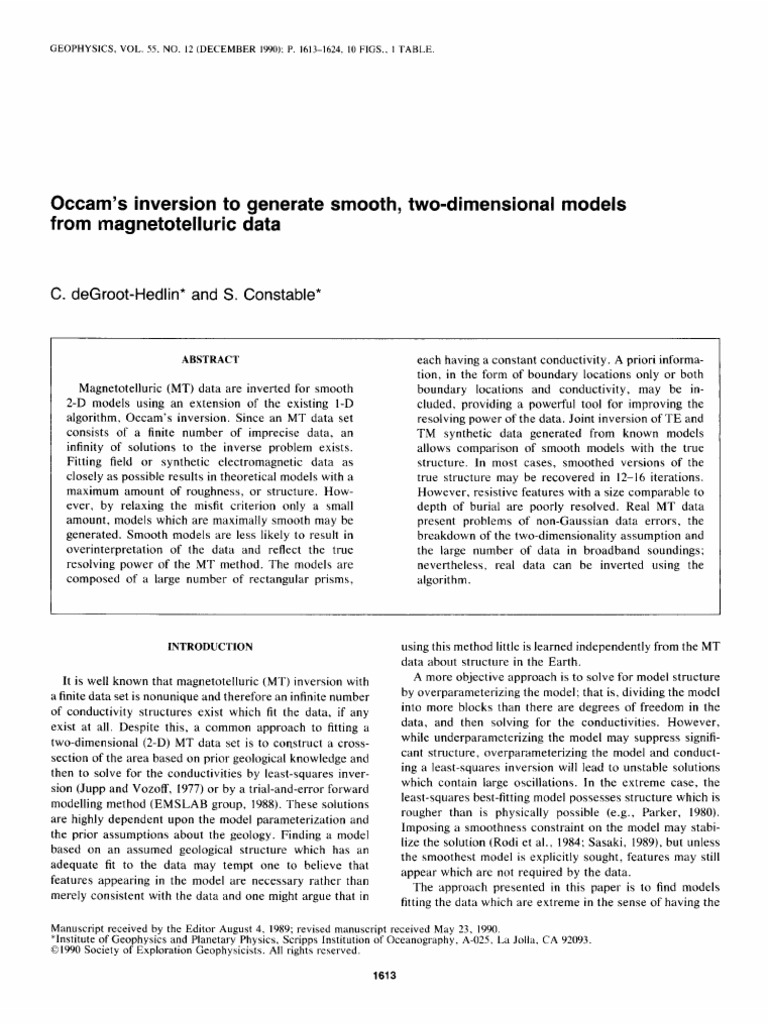 Occam's Inversion for 2D MT Models | PDF | Least Squares | Matrix ...
