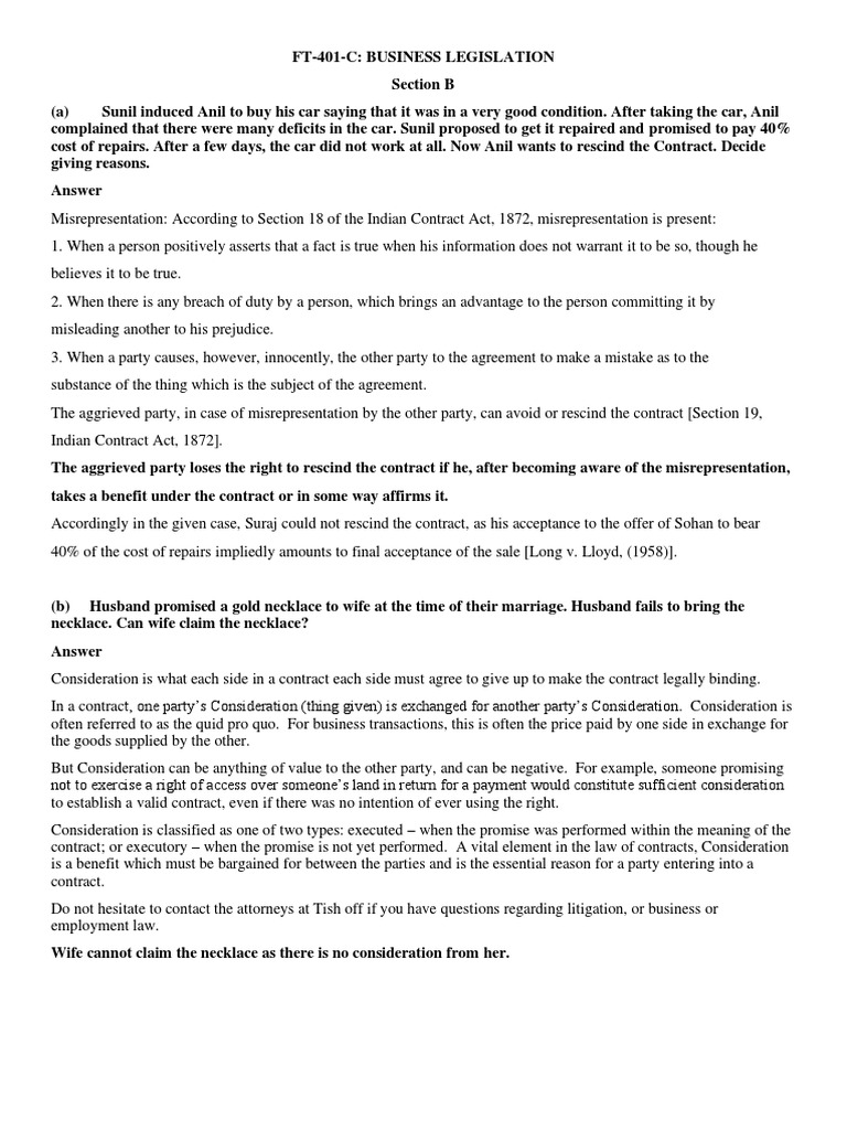 Misrepresentation and Consideration in Contracts | PDF | Consideration ...