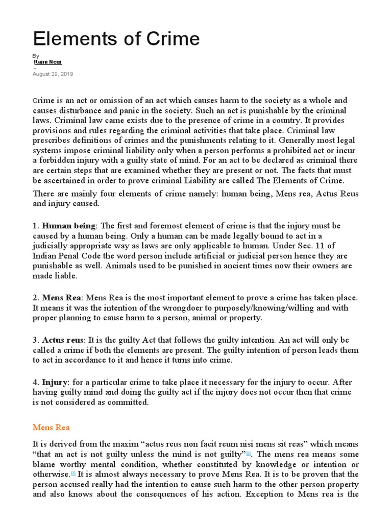 Elements of Crime PDF Mens Rea Element (Criminal Law)