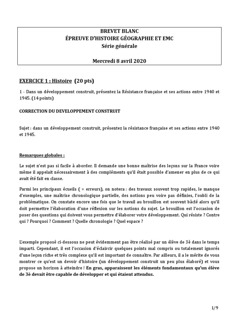 Brevet 2020 Histoire Géo Sujet Et Corrigé Pdf CORRIGÉ Sujet Histoire-Géographie DNB Blanc Série Générale | PDF |  Résistance française | France de Vichy