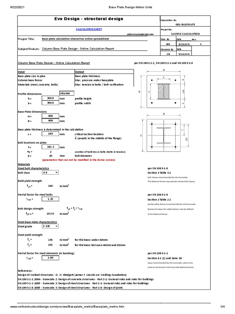Base Plate Design Calculation Sheet | PDF | Column | Screw