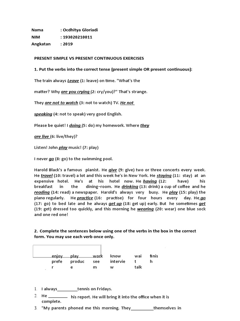 Present Simple vs Continuous Exercises | PDF | Language Arts & Discipline