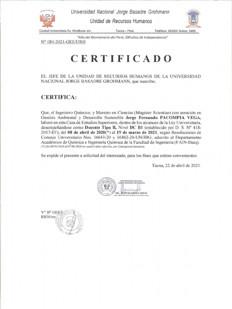 Certificado Trabajo Unjbg | PDF