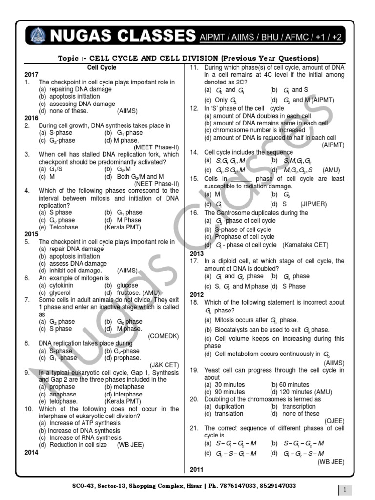 NEET Cell Cycle & Division Questions | PDF | Meiosis | Mitosis
