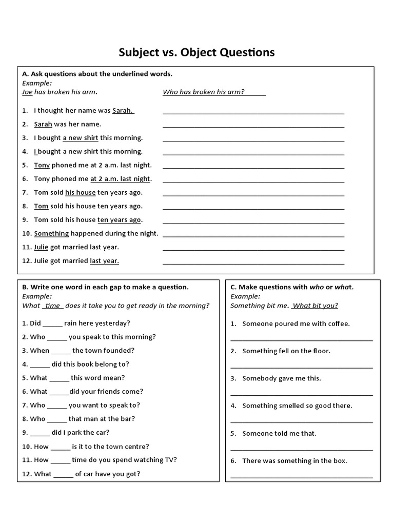 Subject and Object Question Exercises | PDF | Language Arts ...