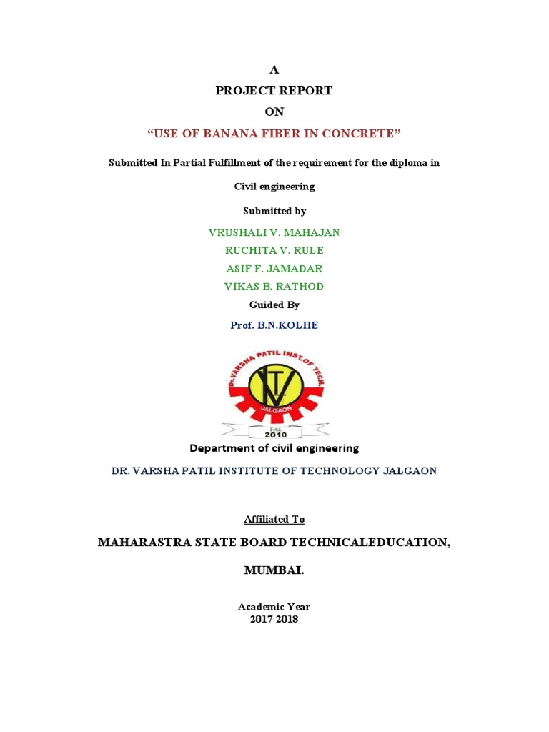 A Project Report ON "Use of Banana Fiber in Concrete" PDF Diploma