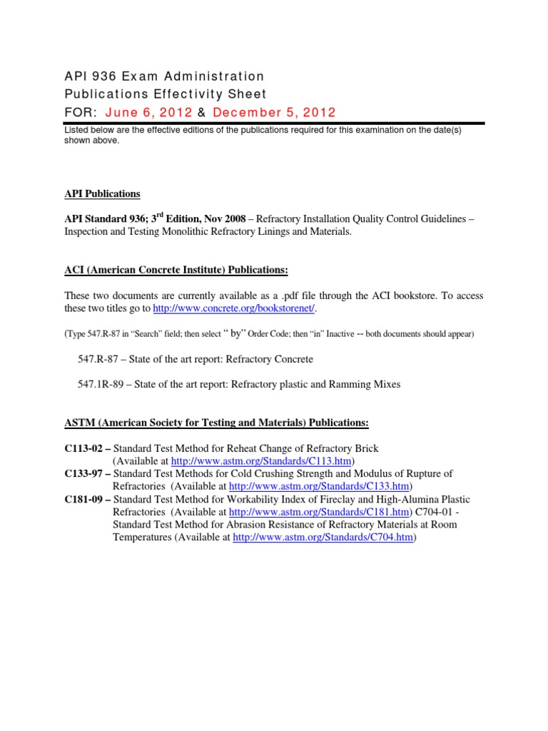 API 936 Exam Publications List | PDF | Law | Technology & Engineering