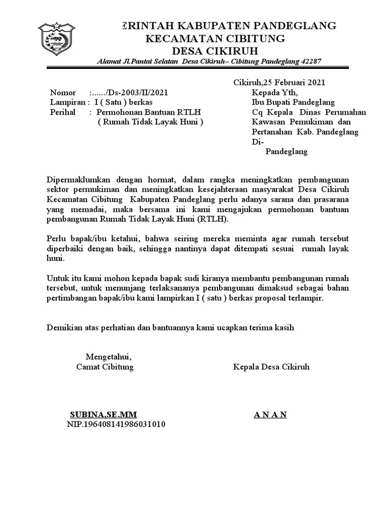Proposal Bantuan RTLH Desa Cikiruh | PDF | Griya & Taman