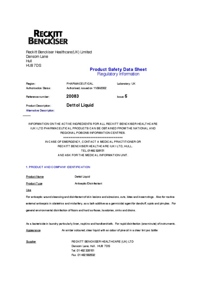 Product Safety Data Sheet for Dettol Liquid providing comprehensive information on the active