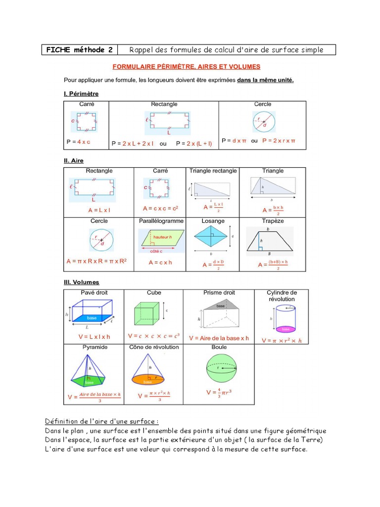 Fiche methode 2 formule calcul surface pdf m thodes et r f rences