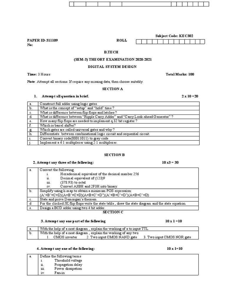 Digital System Design Exam Paper KEC302 | PDF | Digital Electronics ...