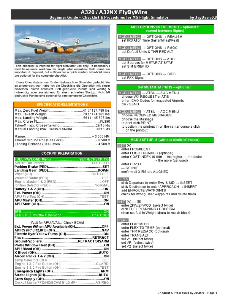A320 / A32Nx Flybywire: Beginner Guide - Checklist & Procedures For Ms ...