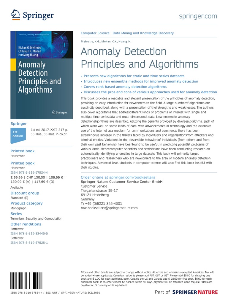 Anomaly detection principles and algorithms mehrotra k g mohan c k
