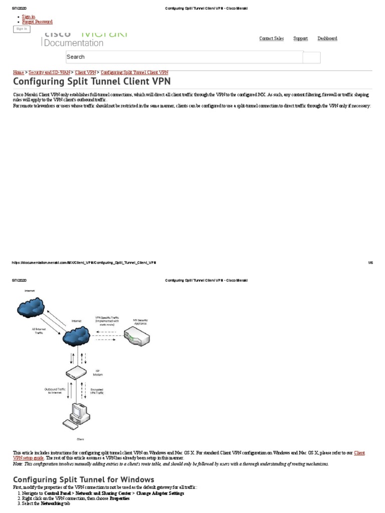 Configuring Split Tunnel Client VPN - Cisco Meraki | PDF | Virtual ...