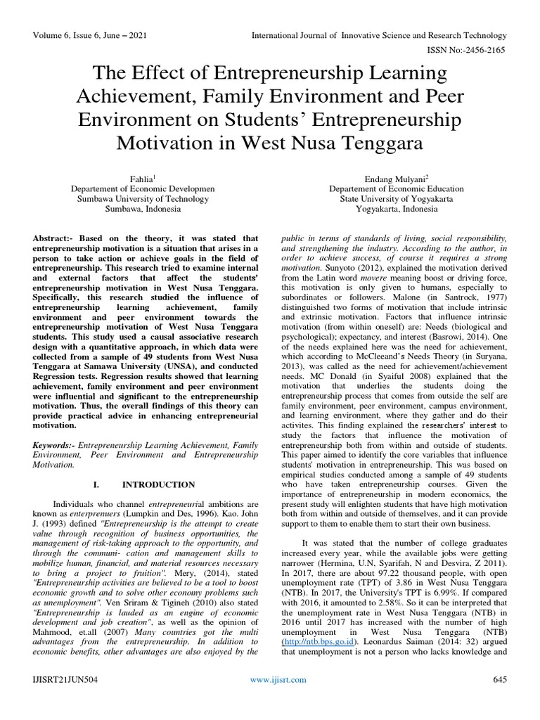 The Effect of Entrepreneurship Learning Achievement, Family Environment ...