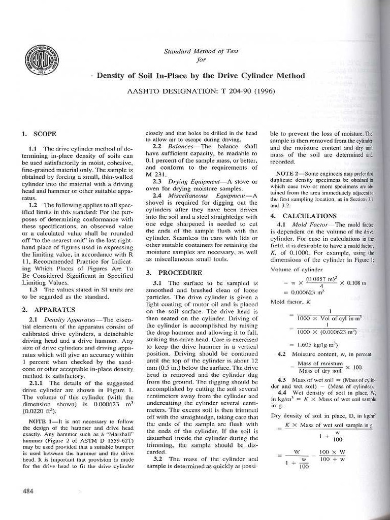 AASHTO T204 - Density of Soil In-Place by The Drive Cylinder Method | PDF