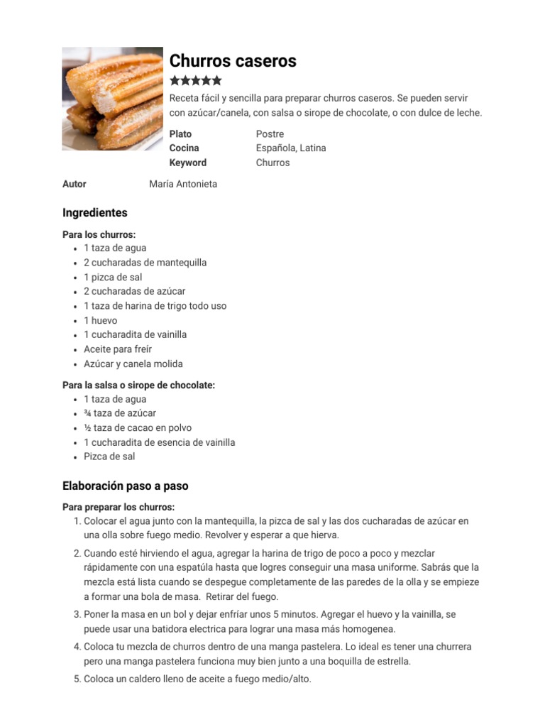 Churros Caseros - Imprimir | PDF | Cocina | Comida y bebida