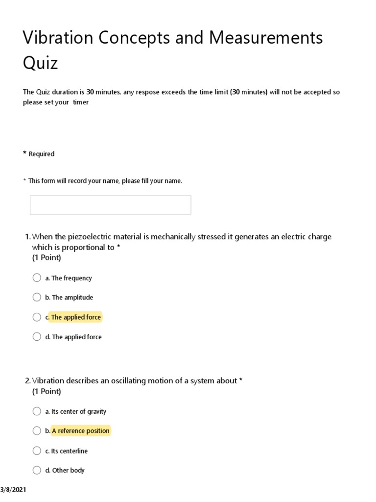 Vibration Concepts and Measurements Quiz PDF Accelerometer Frequency