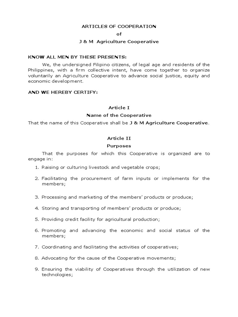 J & M Agriculture Coop Charter | PDF | Cooperative | Poverty Reduction