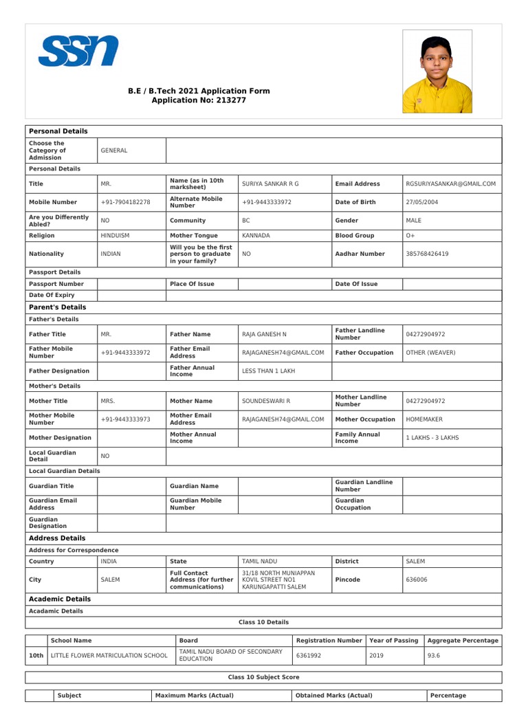 SSN B.Tech 2021 Application Form | PDF | Test (Assessment) | Schools