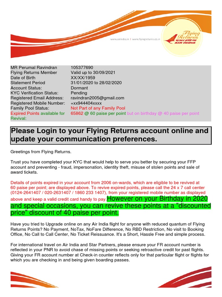 Please Login To Your Flying Returns Account Online and Update Your