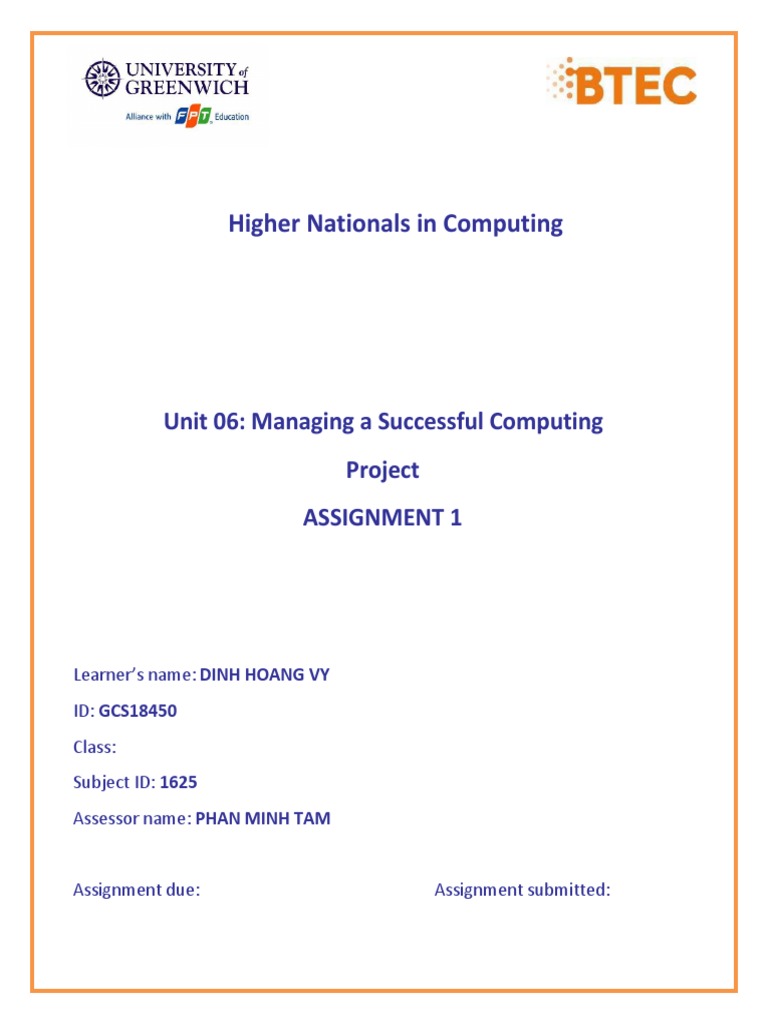 Higher Nationals in Computing: Unit 06: Managing A Successful Computing ...