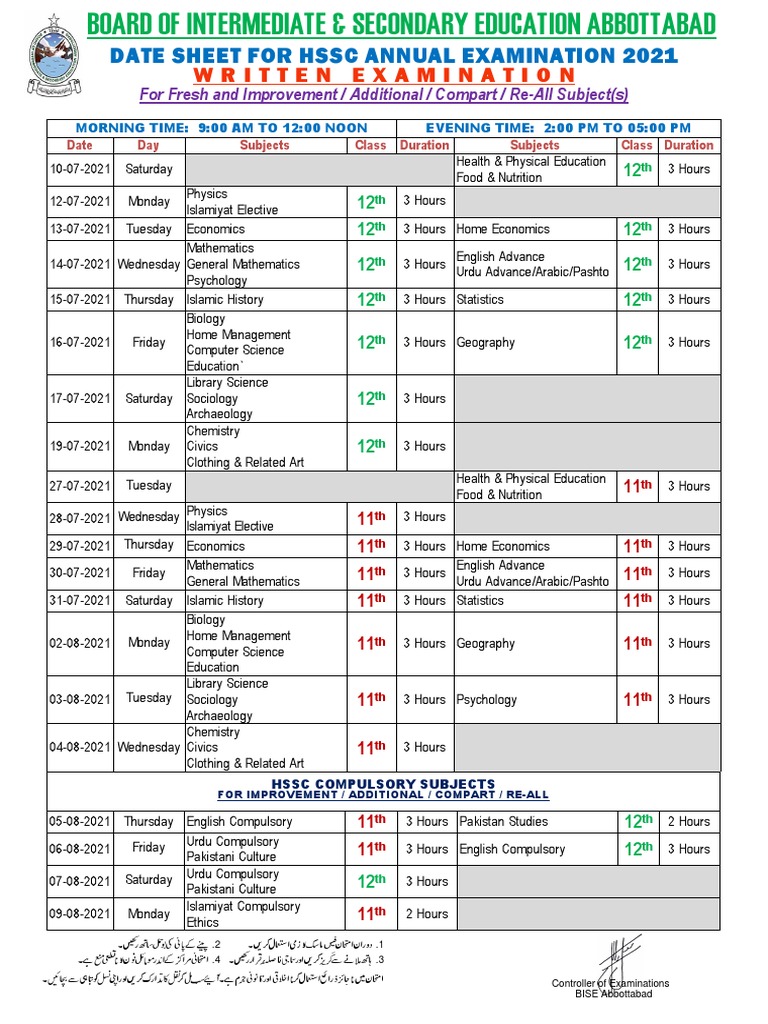 HSSC Exam Date Sheet 2021 | PDF | Science | Schools