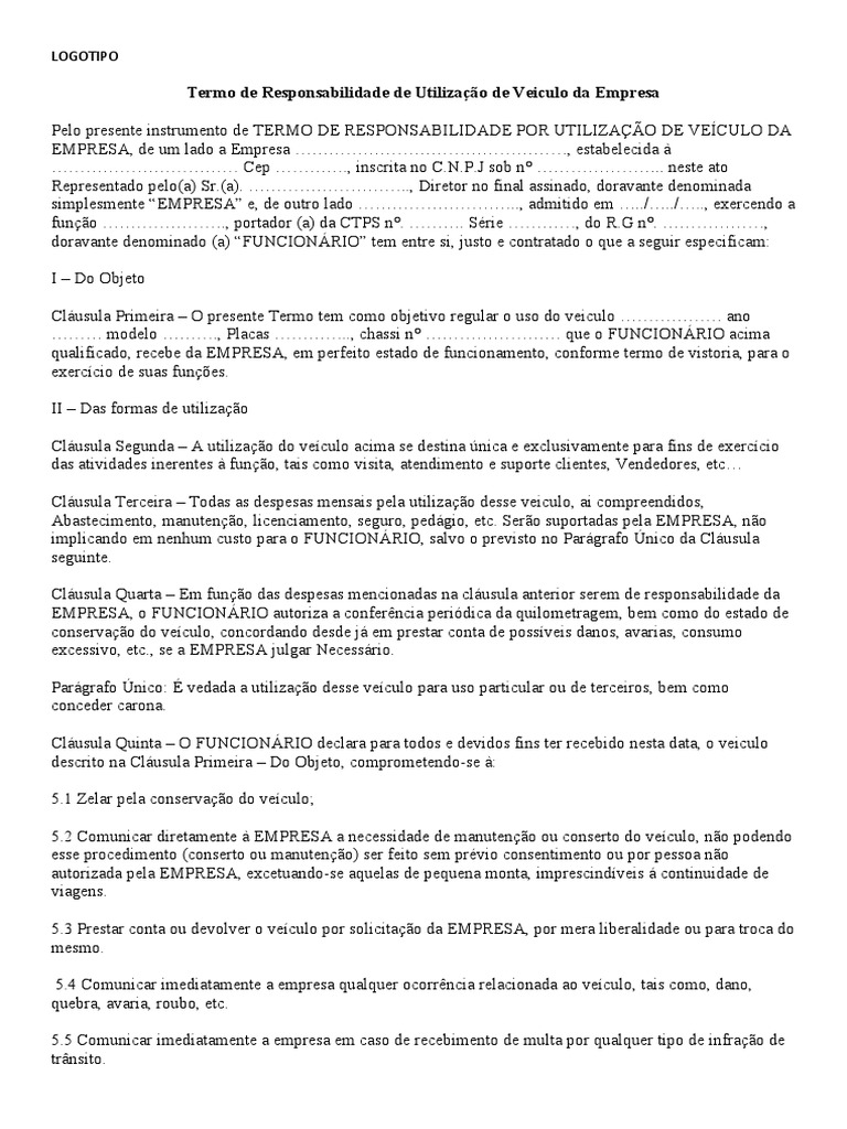 Termo de Responsabilidade de Utilização de Veiculo da Empresa