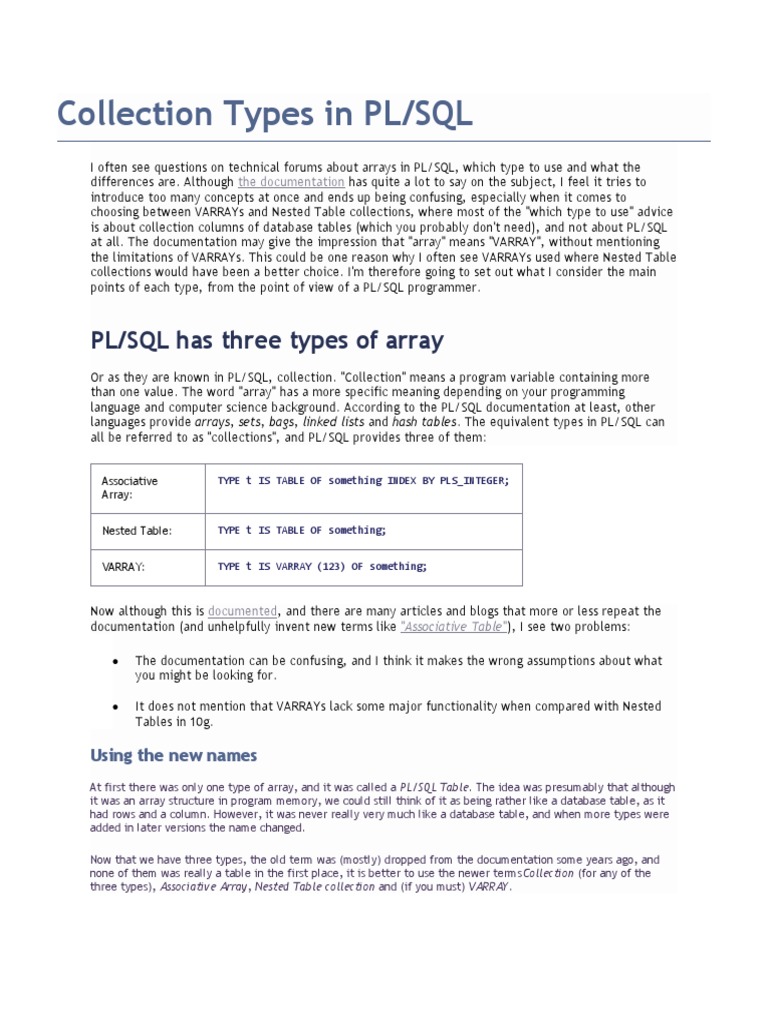 Collection Types in PL/SQL | PDF | Pl/Sql | Sql