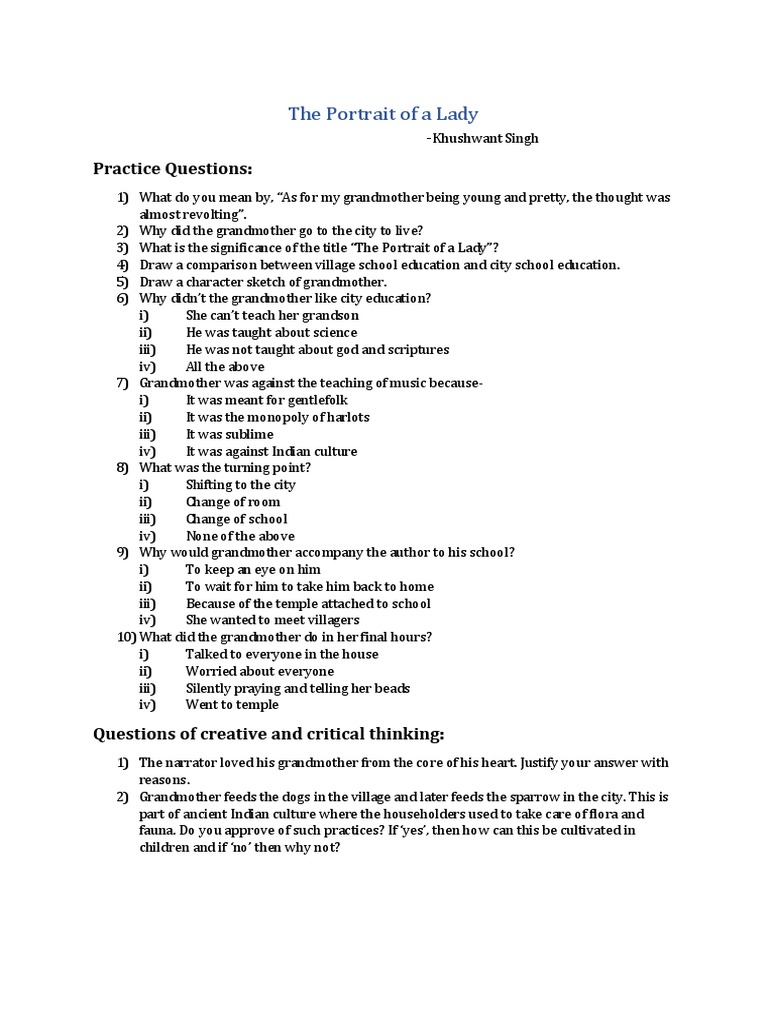 MCQs and Questions on The Portrait of a Lady | PDF