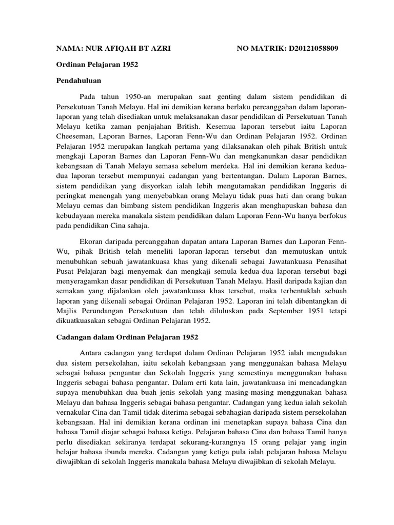 Ordinan Pelajaran 1952 | PDF