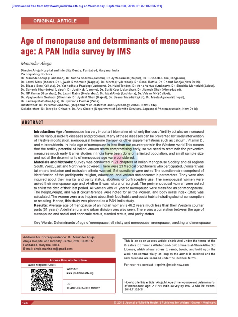Age of Menopause and Determinants of Menopause AgeA PAN India Survey
