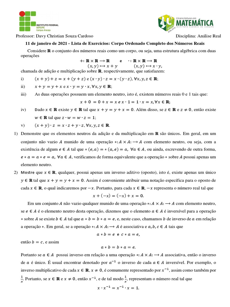 Lista De Exercícios Análise Real Corpo Ordenado Completo Dos Números