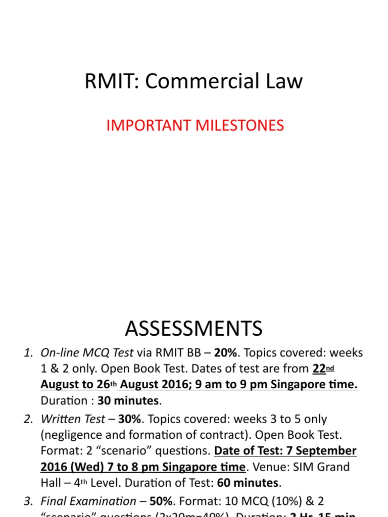 RMIT Commercial Law Important Milestones PDF
