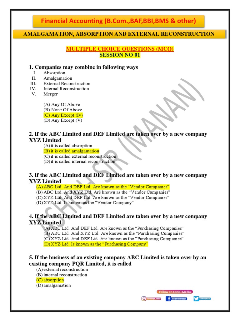 Multiple Choice Questions on Accounting for Amalgamation, Absorption