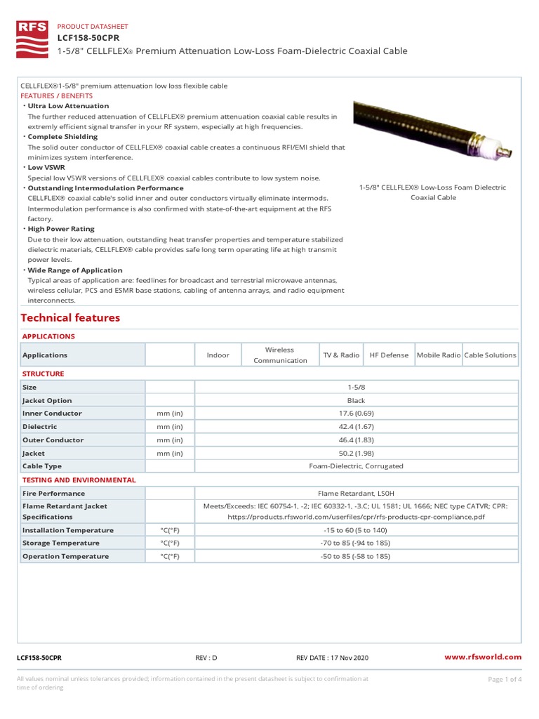 15/8" CELLFLEX Premium Attenuation LowLoss FoamDielectric Coaxial